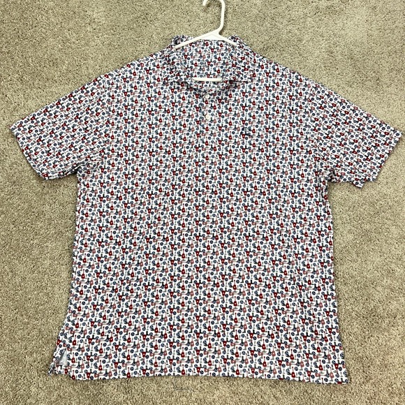 Rhoback‎ Polo Shirt Mens Large Red Blue Short Sleeve Nashvegas Print Golf EUC